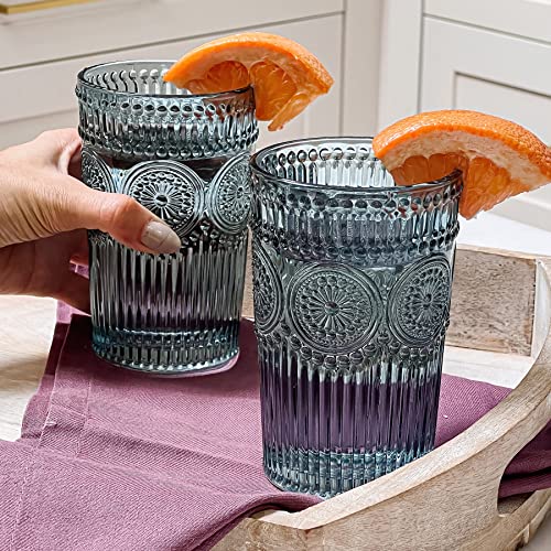 Kate Aspen Textured Striped Blue Drinking Glasses Set of 6-13 oz Vintage Glassware Set Cocktail Glass Set, Juice Glass, Water Cups | Hostess Gift, Present for Newlyweds or New Home Owners