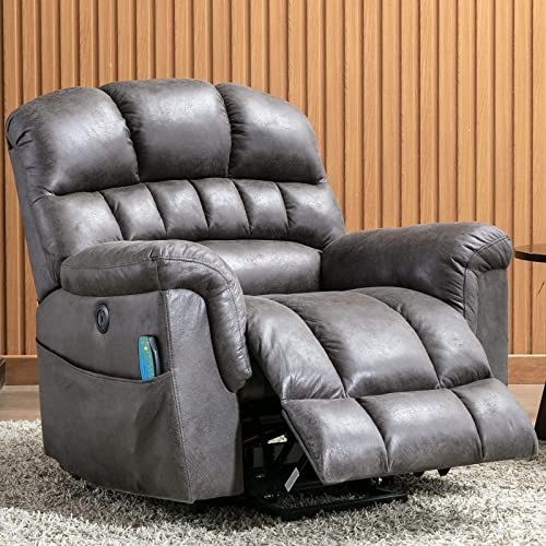 CANMOV Large Power Lift Recliner Chairs with Massage and Heat for Elderly Big People, Heavy Duty Electric Faux Leather Reclining Chairs with USB Port and 2 Side Pockets, Grey