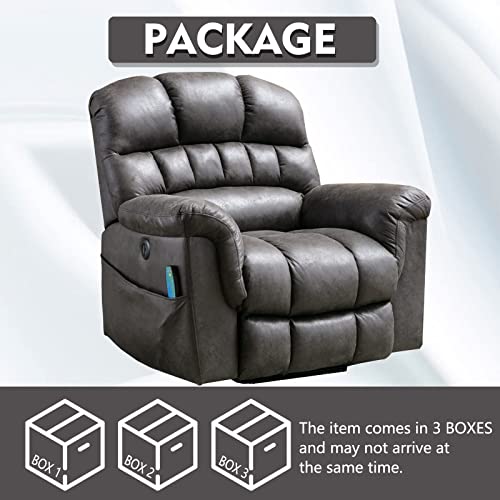 CANMOV Large Power Lift Recliner Chairs with Massage and Heat for Elderly Big People, Heavy Duty Electric Faux Leather Reclining Chairs with USB Port and 2 Side Pockets, Grey