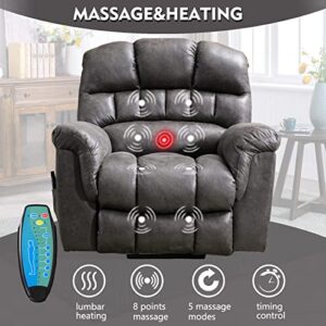 CANMOV Large Power Lift Recliner Chairs with Massage and Heat for Elderly Big People, Heavy Duty Electric Faux Leather Reclining Chairs with USB Port and 2 Side Pockets, Grey