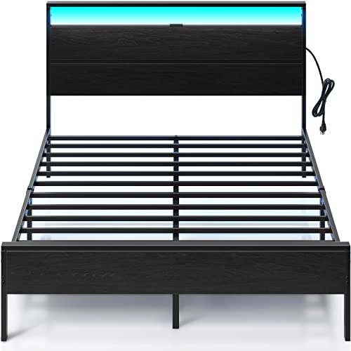 Rolanstar Bed Frame with Charging Station, Full Bed Frame with LED Lights Headboard, Metal Platform Bed Frame, Strong Slats Support, 10.2” Under Bed Storage Clearance, No Box Spring Needed, Noise Free