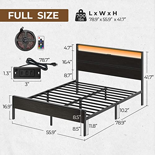 Rolanstar Bed Frame with Charging Station, Full Bed Frame with LED Lights Headboard, Metal Platform Bed Frame, Strong Slats Support, 10.2” Under Bed Storage Clearance, No Box Spring Needed, Noise Free