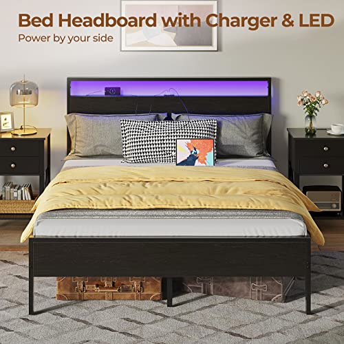 Rolanstar Bed Frame with Charging Station, Full Bed Frame with LED Lights Headboard, Metal Platform Bed Frame, Strong Slats Support, 10.2” Under Bed Storage Clearance, No Box Spring Needed, Noise Free