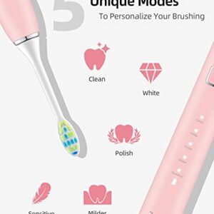 7AM2M Sonic Electric Toothbrush with 6 Brush Heads for Adults and Kids, One Charge for 90 Days, Wireless Fast Charge, 5 Modes with 2 Minutes Built in Smart Timer, Electric Toothbrushes(Pink)