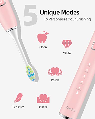 7AM2M Sonic Electric Toothbrush with 6 Brush Heads for Adults and Kids, One Charge for 90 Days, Wireless Fast Charge, 5 Modes with 2 Minutes Built in Smart Timer, Electric Toothbrushes(Pink)