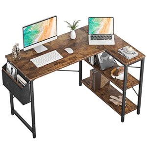 homieasy small l shaped computer desk, 47 inch l-shaped corner desk with reversible storage shelves for home office workstation, modern simple style writing desk table with storage bag(rustic brown)