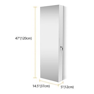 Vlsrka 47.2" LED Jewelry Mirror Cabinet, Wall/Door Mounted Jewelry Armoire Organizer with Full-Length Mirror, Large Capacity Storage Hanging Cabinet, 4 Drawers, 5 Shelves, Built-in Lighted Mirror