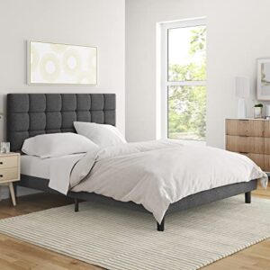 yaheetech upholstered bed frame, platform bed frame with square tufted fabric headboard height adjustable, mattress foundation, strong wooden slats support, no box spring needed, dark grey, queen