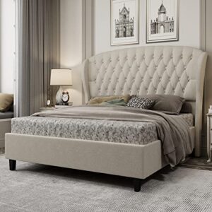 papajet queen size platform bed frame, linen curved upholstered bed with shell wingback headboard/deep button tufted/no box spring needed/beige
