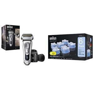 braun electric razor for men, waterproof foil shaver, series 9 9390cc, wet & dry shave, with pop-up beard trimmer for grooming with clean & renew refill cartridges, 6 count, pack of 1