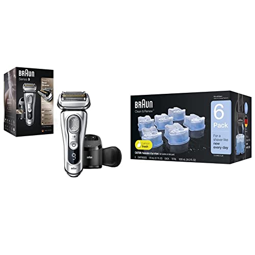 Braun Electric Razor for Men, Waterproof Foil Shaver, Series 9 9390cc, Wet & Dry Shave, with Pop-Up Beard Trimmer for Grooming with Clean & Renew Refill Cartridges, 6 Count, Pack of 1