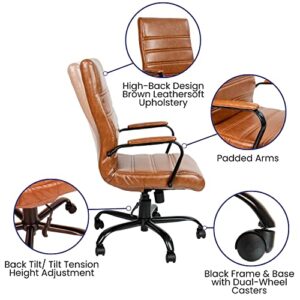 Flash Furniture Whitney High Back Desk Chair - Brown LeatherSoft Executive Swivel Office Chair with Black Frame - Swivel Arm Chair