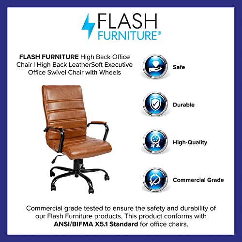 Flash Furniture Whitney High Back Desk Chair - Brown LeatherSoft Executive Swivel Office Chair with Black Frame - Swivel Arm Chair