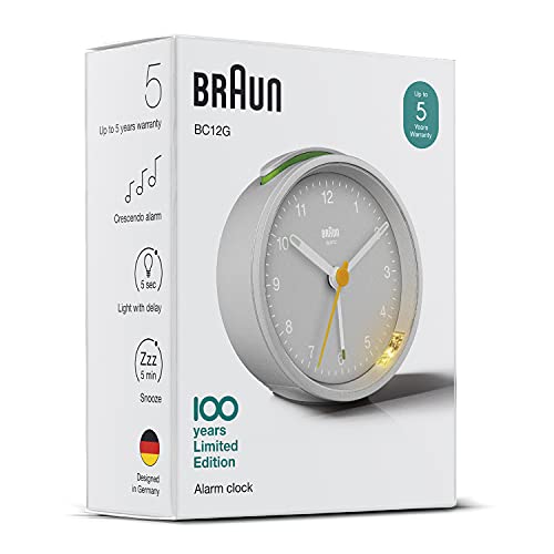 Braun Classic Analogue Alarm Clock with Snooze and Light, Quiet Quartz Movement, Crescendo Beep Alarm in Grey, Model BC12G.