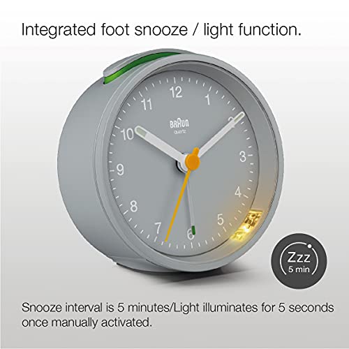 Braun Classic Analogue Alarm Clock with Snooze and Light, Quiet Quartz Movement, Crescendo Beep Alarm in Grey, Model BC12G.