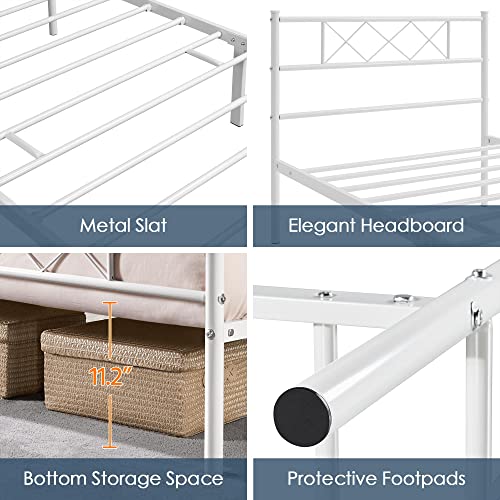 Yaheetech Twin XL Metal Platform Bed Frame Mattress Foundation with Headboard and Footboard No Box Spring Needed Under Bed Storage Steel Slats White