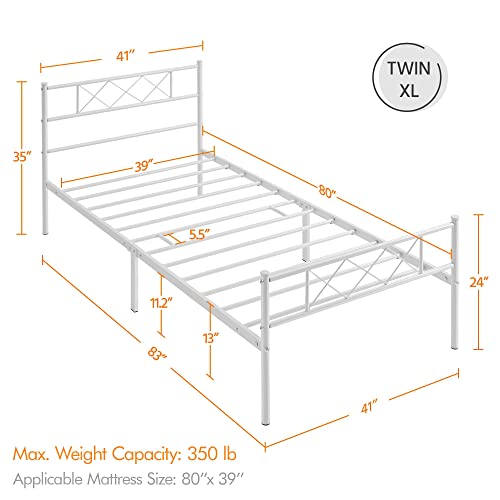 Yaheetech Twin XL Metal Platform Bed Frame Mattress Foundation with Headboard and Footboard No Box Spring Needed Under Bed Storage Steel Slats White