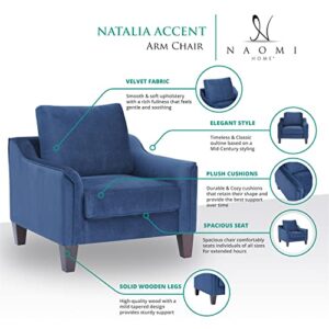 Naomi Home Natalia Velvet Accent Chair Comfy Upholstered Plush Mid-Century Modern Accent Armchair for Bedroom, Living Room – Blue