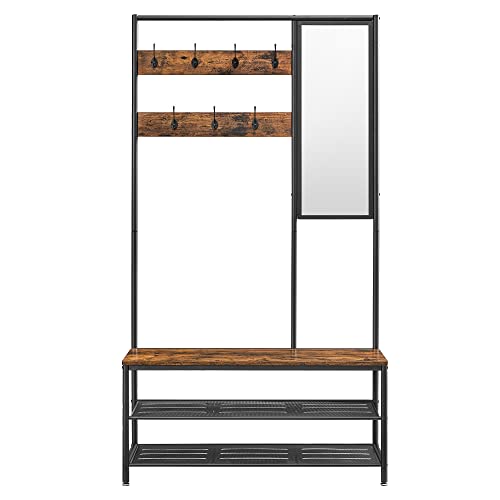 VASAGLE Coat Rack Shoe Bench with Mirror, Hall Tree with Bench and Shoe Storage Shelves, 15 x 38.6 x 70.9 in, Bedroom Living Room, Industrial Style, Rustic Brown and Black UHSR415B01