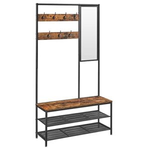 vasagle coat rack shoe bench with mirror, hall tree with bench and shoe storage shelves, 15 x 38.6 x 70.9 in, bedroom living room, industrial style, rustic brown and black uhsr415b01