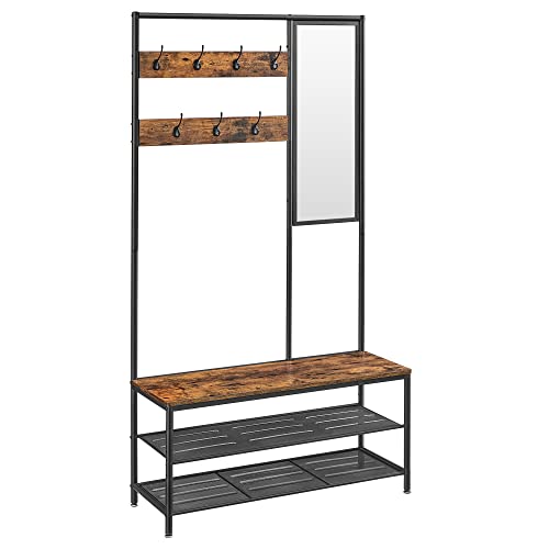 VASAGLE Coat Rack Shoe Bench with Mirror, Hall Tree with Bench and Shoe Storage Shelves, 15 x 38.6 x 70.9 in, Bedroom Living Room, Industrial Style, Rustic Brown and Black UHSR415B01