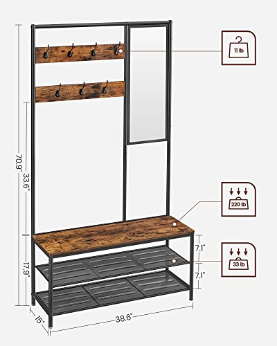 VASAGLE Coat Rack Shoe Bench with Mirror, Hall Tree with Bench and Shoe Storage Shelves, 15 x 38.6 x 70.9 in, Bedroom Living Room, Industrial Style, Rustic Brown and Black UHSR415B01