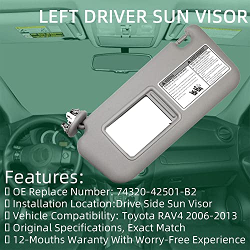 Dasbecan Front Left Driver Side Sun Visor with Vanity Light Compatible with Toyota RAV4 2006-2013 Replaces# 74320-42501-B2 74320-42500-B0 (Gray)