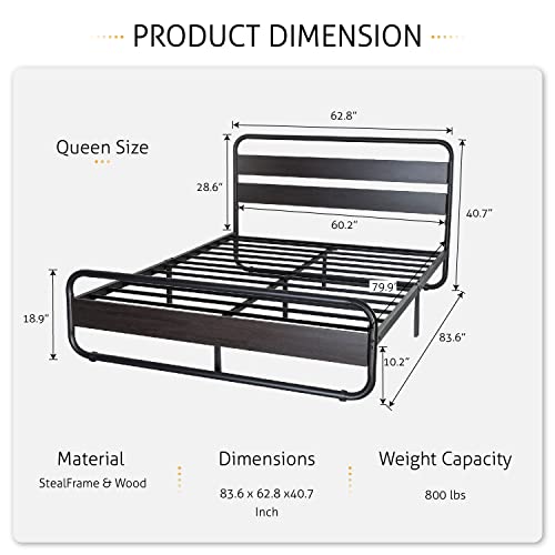 SHA CERLIN Black Queen Size Bed Frame with Wooden Headboard and Footboard, Heavy Duty Oval-Shaped Platform Bed with Under-Bed Storage, Noise Free, No Box Spring Needed