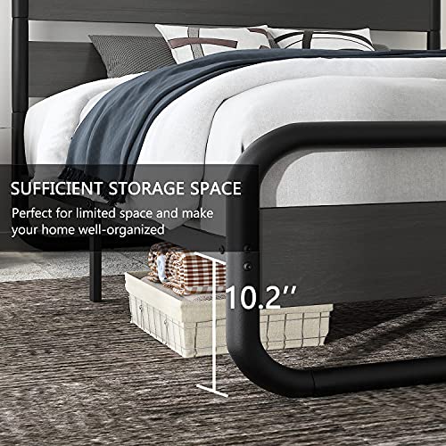 SHA CERLIN Black Queen Size Bed Frame with Wooden Headboard and Footboard, Heavy Duty Oval-Shaped Platform Bed with Under-Bed Storage, Noise Free, No Box Spring Needed