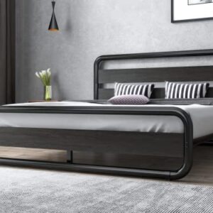 SHA CERLIN Black Queen Size Bed Frame with Wooden Headboard and Footboard, Heavy Duty Oval-Shaped Platform Bed with Under-Bed Storage, Noise Free, No Box Spring Needed