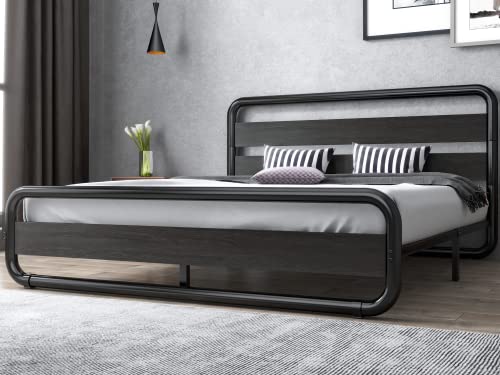 SHA CERLIN Black Queen Size Bed Frame with Wooden Headboard and Footboard, Heavy Duty Oval-Shaped Platform Bed with Under-Bed Storage, Noise Free, No Box Spring Needed