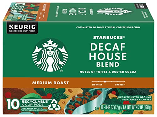 Starbucks Decaf House Blend Coffee K-Cup Pods, Medium Roast Decaffeinated Ground Coffee K-Cups for Keurig Brewing System, 10 CT K-Cups/Box (Pack of 2)