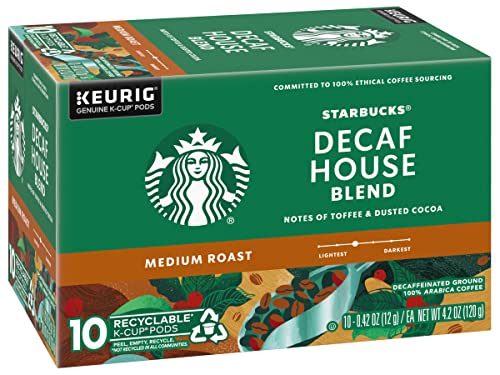 Starbucks Decaf House Blend Coffee K-Cup Pods, Medium Roast Decaffeinated Ground Coffee K-Cups for Keurig Brewing System, 10 CT K-Cups/Box (Pack of 2)
