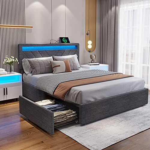 ADORNEVE Queen Bed Frame with 4 Drawers, LED Bed Frame with 2 USB Charging Station, Upholstered Platform Bed with Storage & LED Lights Headboard, No Box Spring Needed, Easy Assembly, Dark Grey