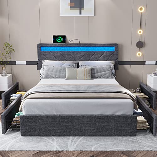 ADORNEVE Queen Bed Frame with 4 Drawers, LED Bed Frame with 2 USB Charging Station, Upholstered Platform Bed with Storage & LED Lights Headboard, No Box Spring Needed, Easy Assembly, Dark Grey