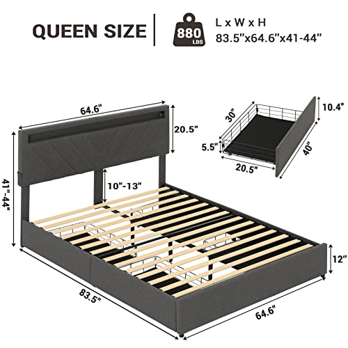 ADORNEVE Queen Bed Frame with 4 Drawers, LED Bed Frame with 2 USB Charging Station, Upholstered Platform Bed with Storage & LED Lights Headboard, No Box Spring Needed, Easy Assembly, Dark Grey