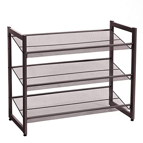 SONGMICS 3-Tier Shoe Rack Storage, Adjustable Metal Mesh Shoe Organizer Stand, Flat or Angled Stackable Shoe Rack Shelf for 9-12 Pairs, Shoe Tower for High Heels, Sneakers, Closet, Entryway, Bronze