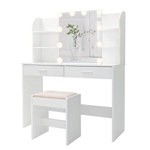 usikey large vanity set with 10 light bulbs, makeup vanity table with 2 drawers, 6 storage shelves & cushioned stool, vanity desk vanity table for bedroom, white
