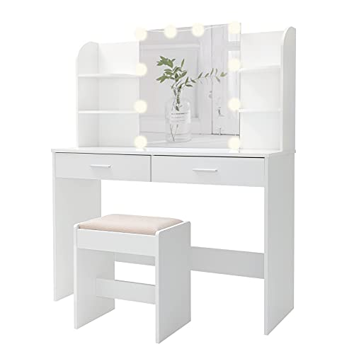 usikey Large Vanity Set with 10 Light Bulbs, Makeup Vanity Table with 2 Drawers, 6 Storage Shelves & Cushioned Stool, Vanity Desk Vanity Table for Bedroom, White