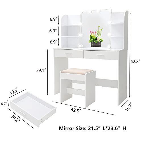 usikey Large Vanity Set with 10 Light Bulbs, Makeup Vanity Table with 2 Drawers, 6 Storage Shelves & Cushioned Stool, Vanity Desk Vanity Table for Bedroom, White