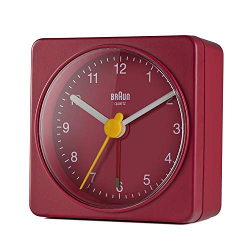 Braun Classic Travel Analogue Alarm Clock, Compact Size, Quiet Quartz Movement, Crescendo Beep Alarm in Red, Model BC02R.