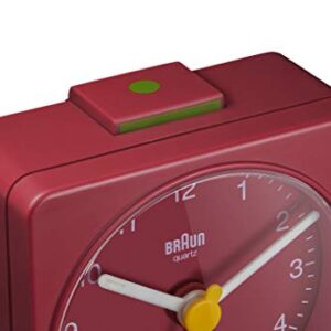 Braun Classic Travel Analogue Alarm Clock, Compact Size, Quiet Quartz Movement, Crescendo Beep Alarm in Red, Model BC02R.