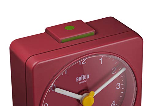 Braun Classic Travel Analogue Alarm Clock, Compact Size, Quiet Quartz Movement, Crescendo Beep Alarm in Red, Model BC02R.