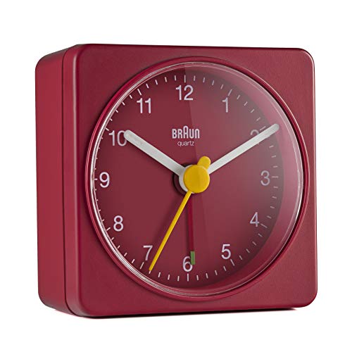 Braun Classic Travel Analogue Alarm Clock, Compact Size, Quiet Quartz Movement, Crescendo Beep Alarm in Red, Model BC02R.