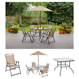 albany lane 6-piece folding dining set by mainstays, patio table, patio folding chair, patio umbrella, patio dining set, outdoor decorations, outdoor dining set (tan)