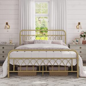 yaheetech full bed frame metal platform bed with petal accented headboard/footboard/14.4 inch under bed storage/no box spring needed,antique gold