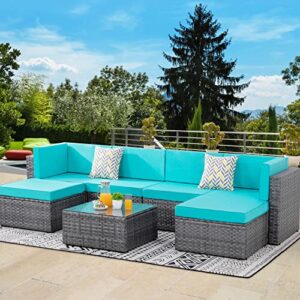 walsunny 7pcs patio outdoor furniture sets,low back all-weather silver gray rattan sectional sofa with tea table&washable couch cushions&ottoman,blue