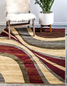 unique loom barista collection modern, abstract, waves, urban, rustic, warm colors area rug, 8 ft x 10 ft, beige/burgundy