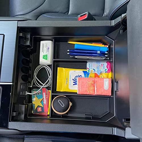 JDMCAR Center Console Organizer Compatible with 2022 2023 Toyota Tundra Accessories and 2023 Toyota Sequoia Armrest Secondary Storage Box ABS Material with Non-Slip Mats (Black Trim)