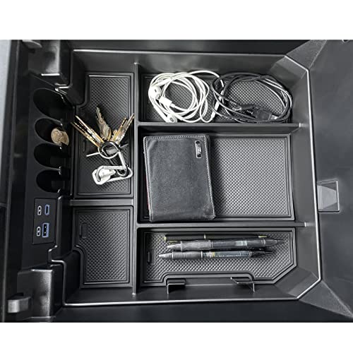 JDMCAR Center Console Organizer Compatible with 2022 2023 Toyota Tundra Accessories and 2023 Toyota Sequoia Armrest Secondary Storage Box ABS Material with Non-Slip Mats (Black Trim)